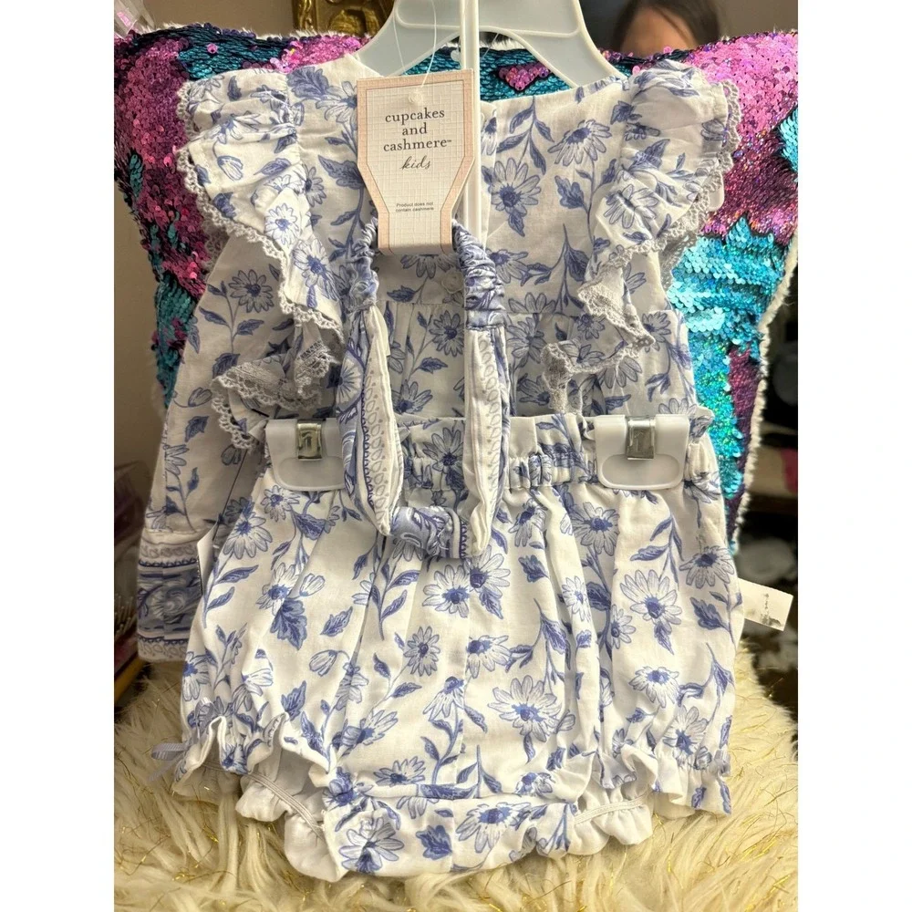 Cupcakes and Cashmere Kids Blue Floral 3pc Set Top Bloomers Headband 3-6M NWT - Picture 3 of 8